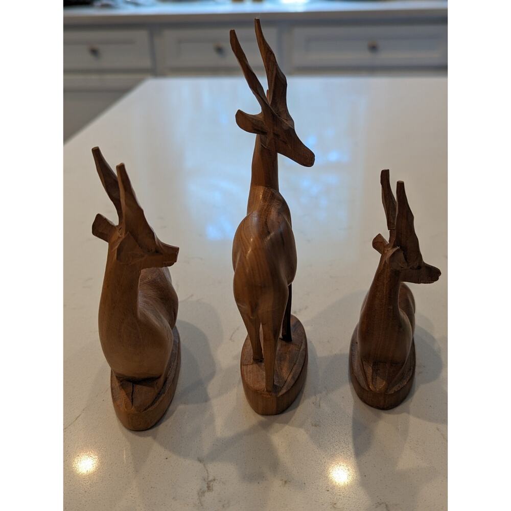 Carved Antelopes Set Of 3 Teak Wood Sculptures Hand carved Safari African... - Picture 6 of 14